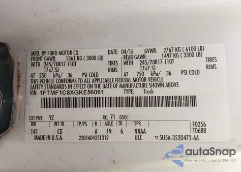 2016 Ford F-150 Xl из США, поврежденный, VIN 1FTMF1C8XGKE56061